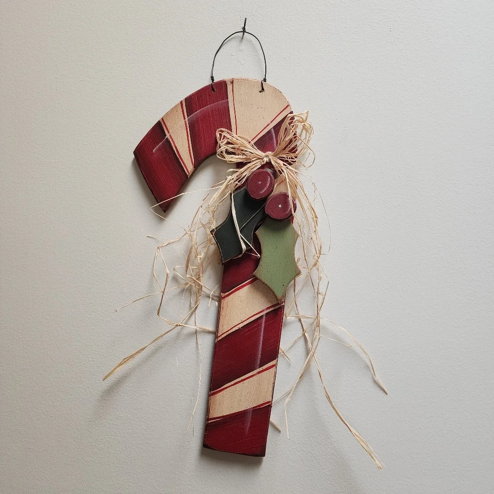 Vintage Rustic Wooden Candy Cane and Holly Door Hanger
